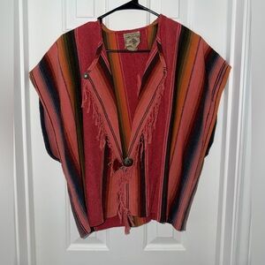 Rare Karen Wilkinson Vintage Striped Fringed Poncho Top Concho Closure